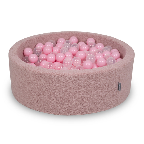 KiddyMoon Ball Pit for Baby with Teddy Plush, Large 7 cm Balls for a Fuller Ball Pit, From 8 Months, Removable Cover, Pink: Powder Pink/Transparent, 90 x 30 cm / 300 Balls