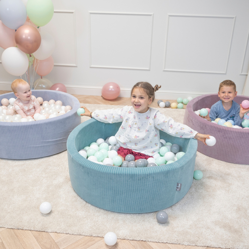 KiddyMoon Foam Playground For Kids Soft Textured Safe Blocks, green: white/grey/mint, Ballpit (100 Balls) + Steps