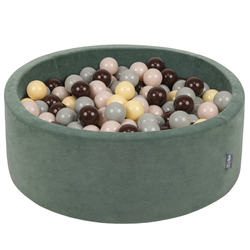KiddyMoon Soft Ball Pit Round ∅ 7cm / 2.75In for Kids, Foam Velvet Ball Pool Baby Playballs, Made In The EU, forest green:pastel beige/greengrey/pastel yellow/brown, 90x30cm/200 balls