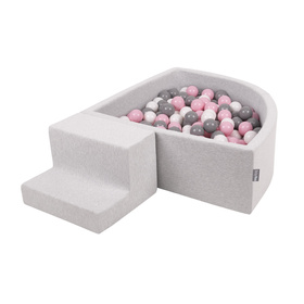 KiddyMoon Foam Playground for Kids with Quarter Angular Ballpit and Balls, lightgrey:white/grey/powderpink, Ballpit (200 Balls) + Steps