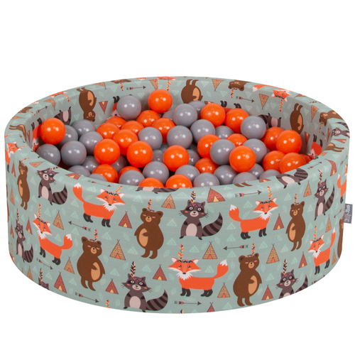 KiddyMoon Soft Ball Pit Round ∅ 7Cm / 2.75In For Kids, Foam Ball Pool Baby Playballs Children, Made In The EU, fox-green:orange/grey, 90x30cm/300 balls
