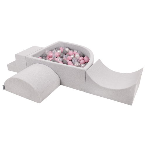 KiddyMoon Foam Playground for Kids with Quarter Angular Ballpit and Balls, lightgrey:pearl/grey/transparent/powderpink, Ballpit (200 Balls) + Version 6