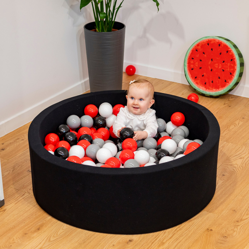 KiddyMoon Soft Plastic Play Balls ∅ 7cm/2.75in Multi-colour Made in EU, grey/white/red/black, 200 Balls/7cm-2.75in