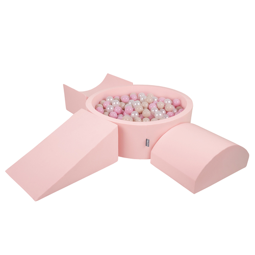 KiddyMoon Foam Playground for Kids with Round Ballpit ( ∅ 7cm/2.75In) Soft Obstacles Course and Ball Pool, Certified Made In The EU, pink:pastel beige/light pink/pearl, Ballpit (300 Balls) + Version 4