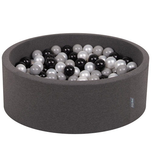 KiddyMoon Baby Foam Ball Pit with Balls ∅ 7cm / 2.75in Made in EU, dark grey:black/grey/pearl, 90 x 30 cm / 200 Balls