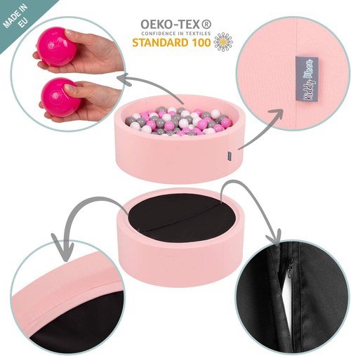 KiddyMoon Soft Ball Pit Round  ∅ 7Cm / 2.75In For Kids, Foam Ball Pool Baby Playballs Children, Made In The EU, pink:pastel beige/pastel yellow/white/mint/light pink, 120x30cm/300 balls