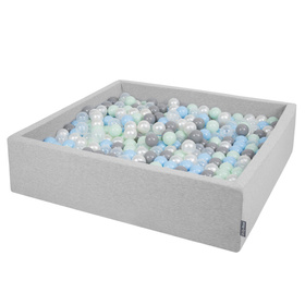 KiddyMoon Soft Ball Pit Square  ∅ 7Cm / 2.75In For Kids, Foam Ball Pool Baby Playballs Children, Made In The EU, light grey:pearl-grey-transparent-babyblue-mint, 120x30cm/1000 balls