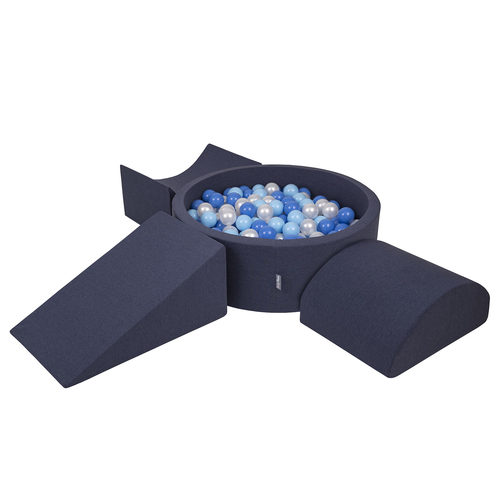 KiddyMoon Foam Playground for Kids with Round Ballpit ( ∅ 7cm/2.75In) Soft Obstacles Course and Ball Pool, Certified Made In The EU, darkblue:babyblue/blue/pearl, Ballpit (300 Balls) + Version 4