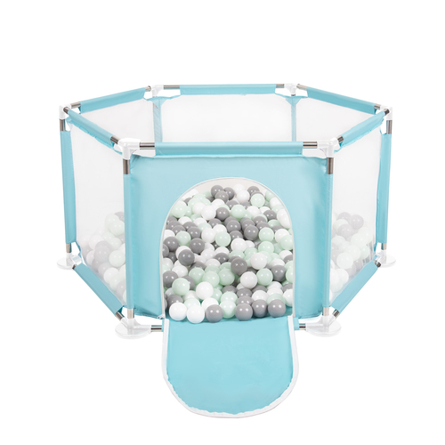 hexagon 6 side play pen with plastic balls, Mint:white/grey/mint, 400 balls