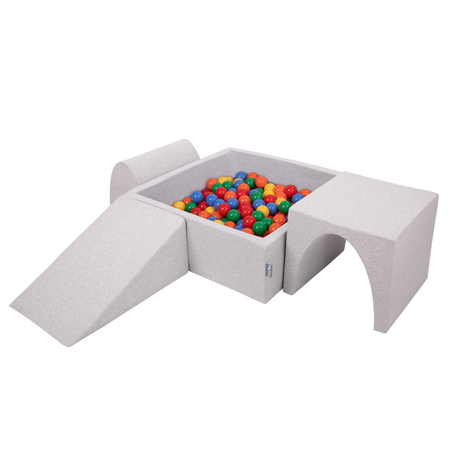 KiddyMoon Foam Playground for Kids with Square Ballpit ( ∅ 7cm/2.75In) Soft Obstacles Course and Ball Pool, Certified Made In The EU, lightgrey:yellow/green/blue/red/orange, Ballpit (300 Balls) + Version 2