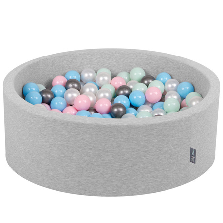 KiddyMoon Baby Foam Ball Pit with Balls ∅ 7cm / 2.75in Made in EU, light grey:pearl/light pink/baby blue/mint/silver, 90x30cm/200 balls