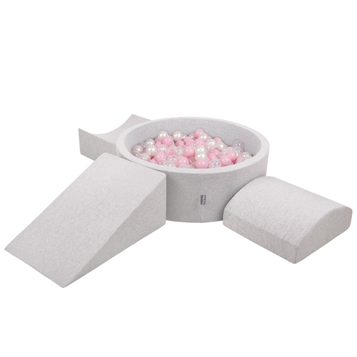 KiddyMoon Foam Playground for Kids with Round Ballpit ( ∅ 7cm/2.75In) Soft Obstacles Course and Ball Pool, Certified Made In The EU, lightgrey:powderpink/pearl/transparent, Ballpit (200 Balls) + Version 4