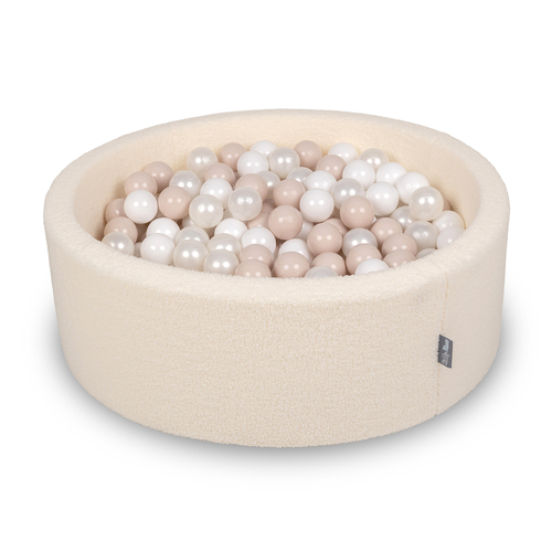 KiddyMoon Ball Pit for Baby with Teddy Plush, Large 7 cm Balls for a Fuller Ball Pit, From 8 Months, Removable Cover, Cream: Pastel Beige/White/Pearl, 90 x 30 cm / 300 Balls
