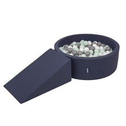 KiddyMoon Foam Playground for Kids with Round Ballpit ( ∅ 7cm/2.75In) Soft Obstacles Course and Ball Pool, Certified Made In The EU, darkblue:white/grey/mint, Ballpit (200 Balls) + Wedge