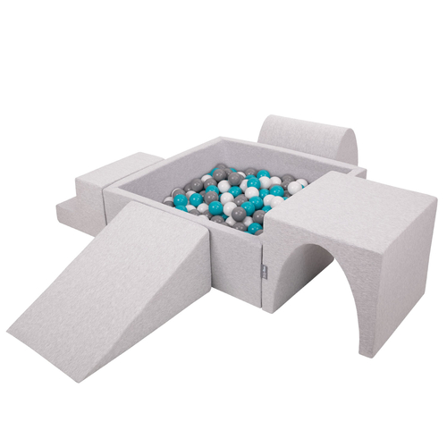 KiddyMoon Foam Playground for Kids with Square Ballpit ( ∅ 7cm/2.75In) Soft Obstacles Course and Ball Pool, Certified Made In The EU, lightgrey:grey/white/turquoise, Ballpit (300 Balls) + Version 3