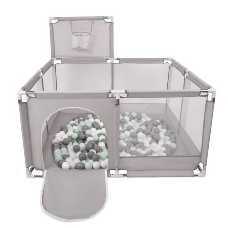 square play pen filled with plastic balls basketball, Grey:white/grey/mint, 100 balls