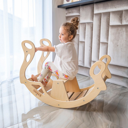 KiddyMoon Wooden Rocker for Kids Multifunctional Montessori Arch Wooden Toy Climbing Play Arch for Children, Seesaw Made of Wood for Babies WR-001, Natural, 90.6x39x69 cm