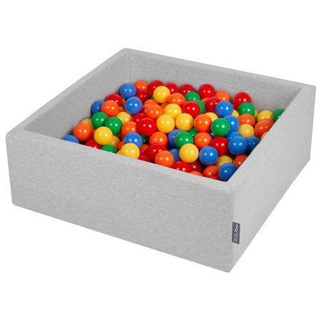 KiddyMoon Baby Foam Ball Pit with Balls ∅ 7cm / 2.75in Square Made in EU, light grey:yellow/green/blue/red/orange, 90x30cm/200 balls