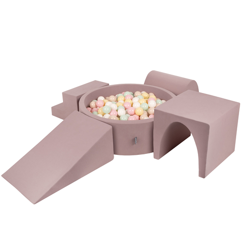 KiddyMoon Foam Playground for Kids with Round Ballpit ( ∅ 7cm/2.75In) Soft Obstacles Course and Ball Pool, Made In The EU, heather: pastel beige/pastel yellow/white/mint/powder pink, Ballpit (200 Balls) + Version 3
