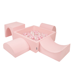 KiddyMoon Foam Playground for Kids with Square Ball pit ( ∅ 7cm/2.75In) Soft Obstacles Course and Ball Pool, Certified Made In The EU, pink:powder pink/pearl/transparent, Ballpit (200 Balls) + Version 1
