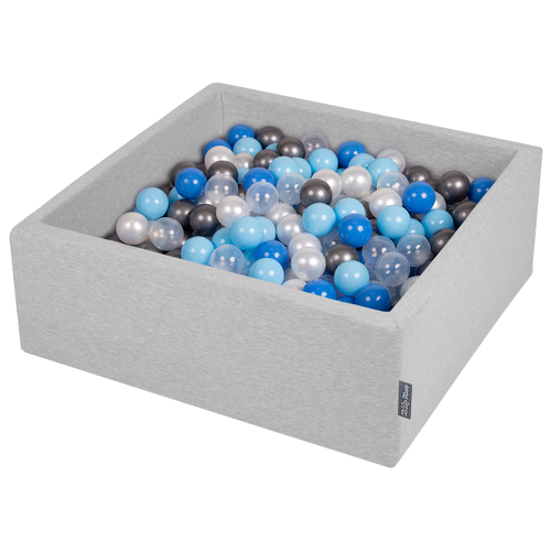 KiddyMoon Baby Foam Ball Pit with Balls ∅ 7cm / 2.75in Square Made in EU, light grey:pearl/blue/baby blue/transparent/silver, 90x30cm/200 balls