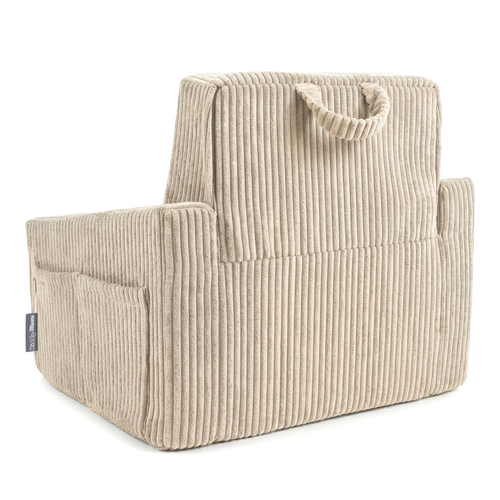 Foam armchair for kids convertible into bed, handle and side pockets, corduroy cover, beige, UNI