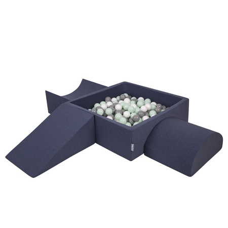 KiddyMoon Foam Playground for Kids with Square Ballpit ( ∅ 7cm/2.75In) Soft Obstacles Course and Ball Pool, Certified Made In The EU, darkblue:white/grey/mint, Ballpit (200 Balls) + Version 4