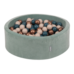 KiddyMoon Foam Ball Pit For Kids Round 90x30cm Baby Soft & Safe Toy, green: dark turquoise/pastel beige/copper, 90x30cm/300 balls