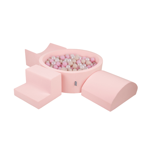 KiddyMoon Foam Playground for Kids with Round Ballpit ( ∅ 7cm/2.75In) Soft Obstacles Course and Ball Pool, Certified Made In The EU, pink:pastel beige/light pink/pearl, Ballpit (200 Balls) + Version 6