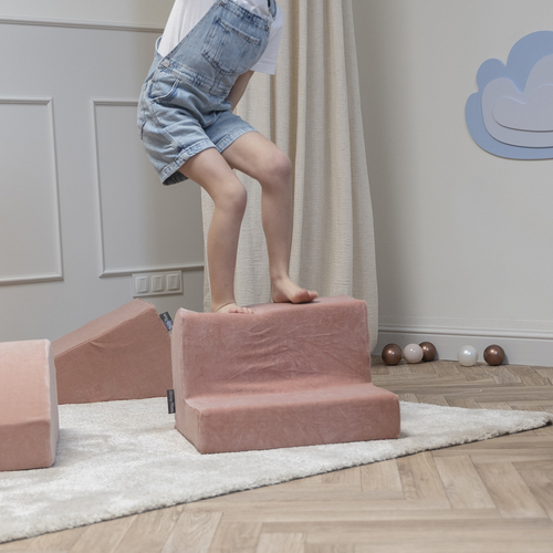 KiddyMoon Foam Playground Velvet for Kids Obstacle Course for Children Montessori Toy for Babies Soft Construction Blocks Element, Tunnel/Hill, Certified Made in The EU, desert pink, Multi-Size
