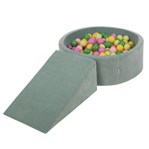 KiddyMoon Foam Playground For Kids Soft Textured Safe Blocks, green: light green/green/yellow/powder pink/pink, Ballpit (100 Balls) + Wedge