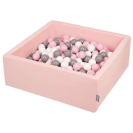 KiddyMoon Baby Foam Ball Pit with Balls ∅ 7cm / 2.75in Square Made in EU, pink:white/grey/powderpink, 90x30cm/300 balls