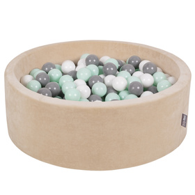 KiddyMoon Soft Ball Pit Round 7cm / 2.75In for Kids, Foam Velvet Ball Pool Baby Playballs, sand beige:white/grey/mint, 90x30cm/200 balls