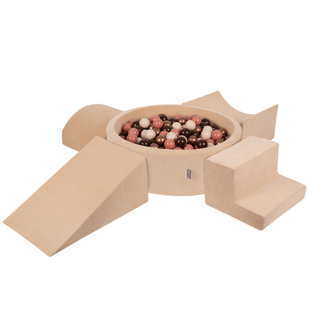 KiddyMoon Foam Playground Velvet for Kids with Round Ballpit ( ∅ 7cm/2.75In) Soft Obstacles Course and Ball Pool, Certified Made In The EU, Sand beige: brown/copper/pastel beige/salmon, Ballpit (300 Balls) + Version 5