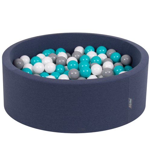 KiddyMoon Baby Foam Ball Pit with Balls ∅ 7cm / 2.75in Made in EU, d.blue:grey/white/turquoise, 90x30cm/200 balls