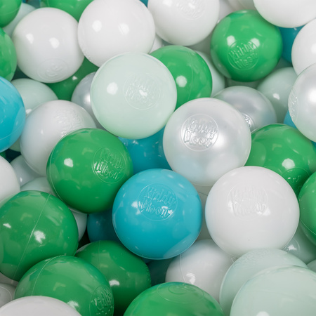 KiddyMoon Soft Plastic Play Balls ∅ 6cm / 2.36 Multi Colour Made in EU, turquoise/white/pearl/green/mint, 50 Balls/6cm-2.36in