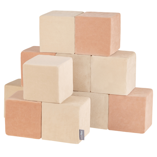KiddyMoon Soft Foam Building Blocks for Babies & Toddlers, Washable Velvet Zip Cover, 14cm Cubes, Sensory Toy, cubes: sand beige-desert pink, 12 Pieces