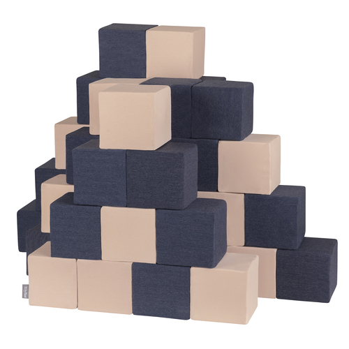 KiddyMoon Soft Foam Building Blocks for Babies & Toddlers, Washable Cotton Zip Cover, 14cm Cubes, Sensory Toy, cubes: dark blue-beige, 48 Pieces