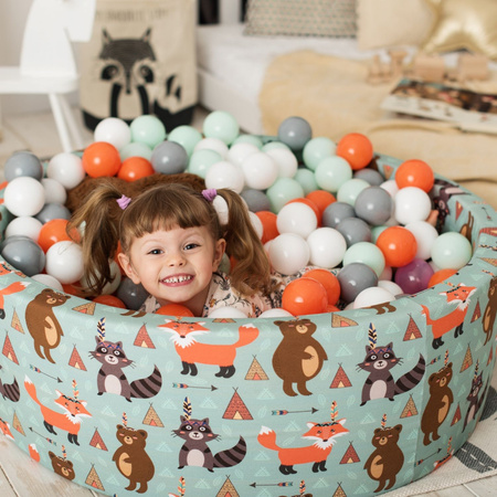 KiddyMoon Soft Ball Pit Round ∅ 7Cm / 2.75In For Kids, Foam Ball Pool Baby Playballs Children, Made In The EU, fox-green:orange/mint, 90x30cm/200 balls