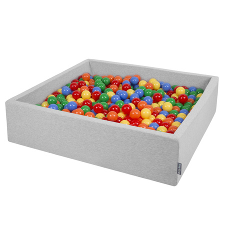 KiddyMoon Soft Ball Pit Square  ∅ 7Cm / 2.75In For Kids, Foam Ball Pool Baby Playballs Children, Made In The EU, light grey:yellow-green-blue-red-orange, 120x30cm/200 balls