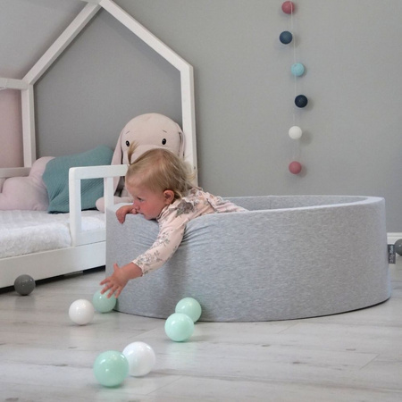 KiddyMoon Baby Foam Ball Pit with Balls ∅ 7cm / 2.75in Made in EU, light grey:transparent/grey/white/pink/mint, 90x30cm/300 balls