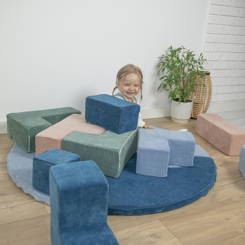 KiddyMoon Soft Foam Cubes with Velvet Cover Building Blocks for Children, laguna blue-forest green-desert pink-ice blue, 9 Pieces