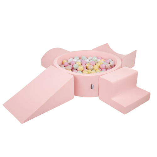 KiddyMoon Foam Playground for Kids with Round Ballpit ( ∅ 7cm/2.75In) Soft Obstacles Course and Ball Pool, Made In The EU, pink:pastel beige/pastel yellow/white/mint/light pink, Ballpit (200 Balls) + Version 5