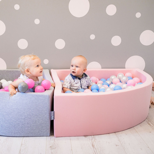 KiddyMoon Baby Foam Ball Pit with Balls ∅ 7cm / 2.75in Made in EU, pink:baby blue/light pink/pearl, 90x30cm/300 balls