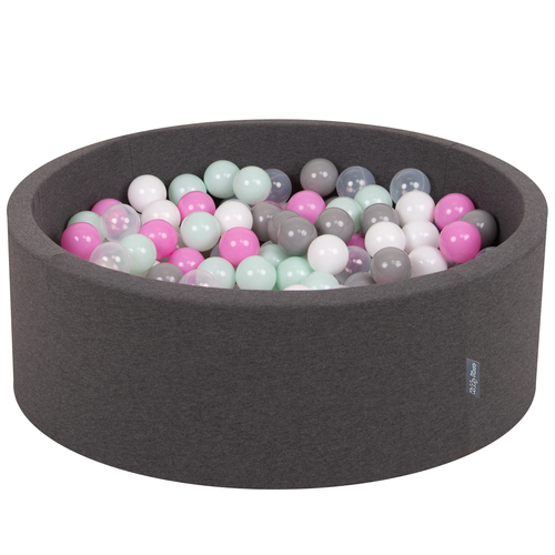 KiddyMoon Baby Foam Ball Pit with Balls ∅ 7cm / 2.75in Made in EU, dark grey:transparent/grey/white/pink/mint, 90 x 30 cm / 300 Balls
