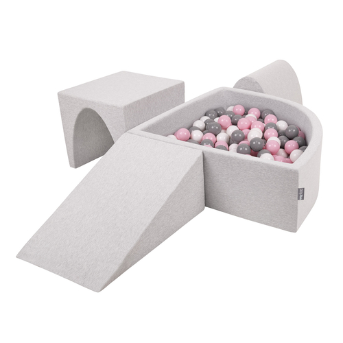 KiddyMoon Foam Playground for Kids with Quarter Angular Ballpit and Balls, lightgrey:white/grey/powderpink, Ballpit (200 Balls) + Version 2