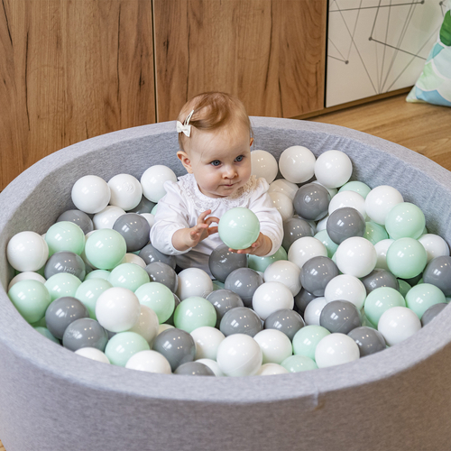 KiddyMoon Baby Foam Ball Pit with Balls ∅ 7cm / 2.75in Made in EU, light grey:white/grey/mint, 90 x 30 cm / 300 Balls