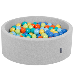 KiddyMoon Baby Foam Ball Pit with Balls ∅ 7cm / 2.75in Made in EU, l.grey:l.green/orange/turquois/blue/babyBlue/yellw, 90x30cm/200 balls