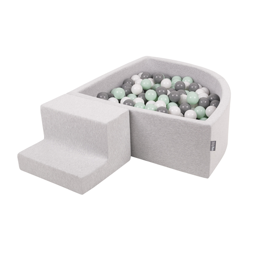 KiddyMoon Foam Playground for Kids with Quarter Angular Ballpit and Balls, lightgrey:white/grey/mint, Ballpit (200 Balls) + Steps