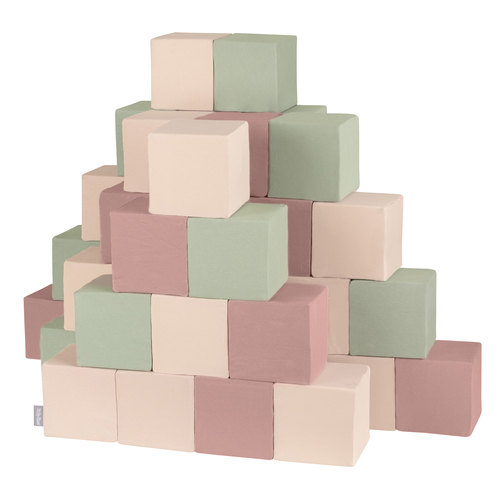 KiddyMoon Soft Foam Building Blocks for Babies & Toddlers, Washable Cotton Zip Cover, 14cm Cubes, Sensory Toy, cubes: heather-beige-sage, 48 Pieces
